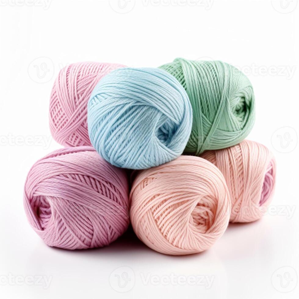 Yarn balls for knitting and crochet isolated on white background, cotton  wool clews and skeins as natural organic material for knitwear, diy  handmade fashion, generative ai 25273035 Stock Photo at Vecteezy