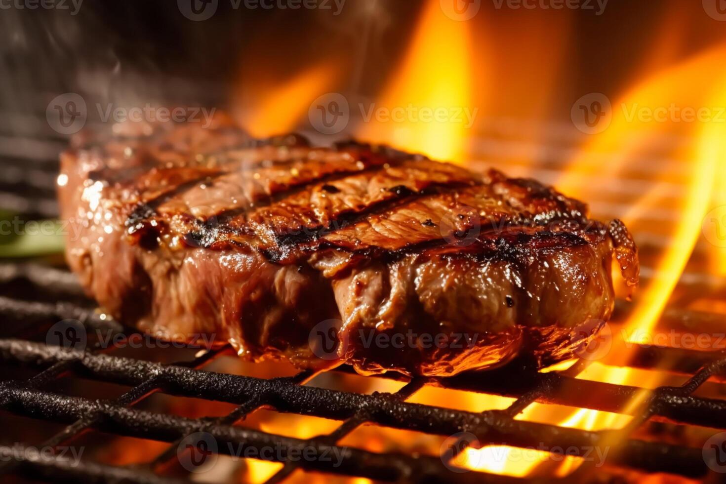 Meat beef steak grilled on fire, food bbq and hot grill, photo