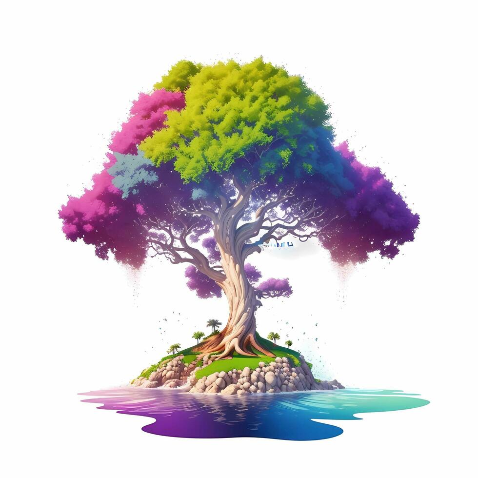 Bonsai tree on island isolated on white background. generative Ai art illustration. photo