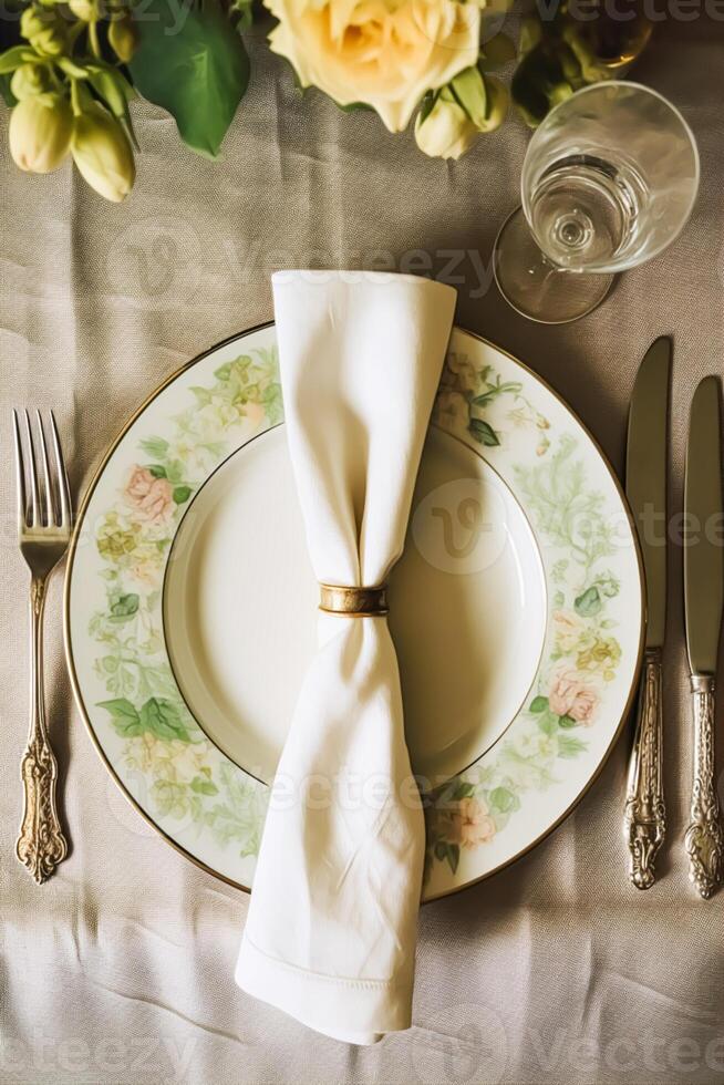 elegante cena mesa ajuste arreglo en Inglés país estilo como flatlay paisaje de mesa, doblada servilleta en un servicio lámina, vajilla y fiesta mesa decoración, generativo ai foto