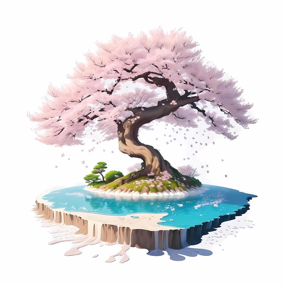 Bonsai tree on island isolated on white background. generative Ai art illustration. photo