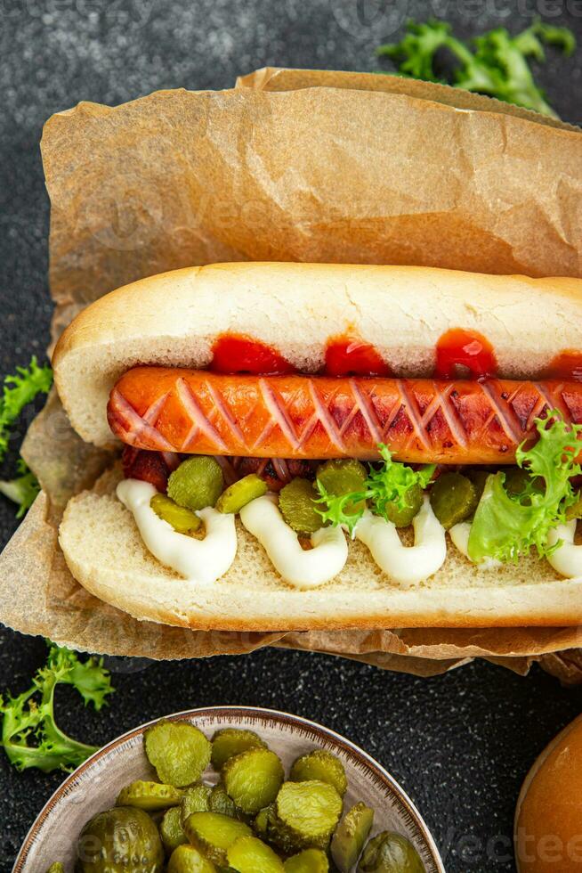 caliente perro rápido comida emparedado embutido, pepinillo, salsa de tomate, mayonesa comida comida bocadillo en el mesa Copiar espacio comida antecedentes rústico parte superior ver foto