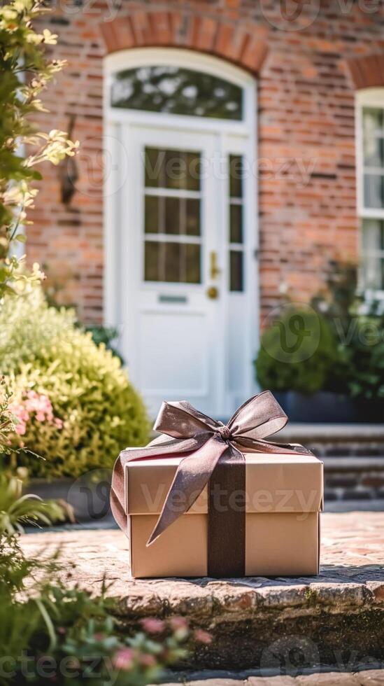 Elegant gift shop delivery, postal service and luxury online shopping, parcel box with a bow on a house doorstep in the countryside, photo