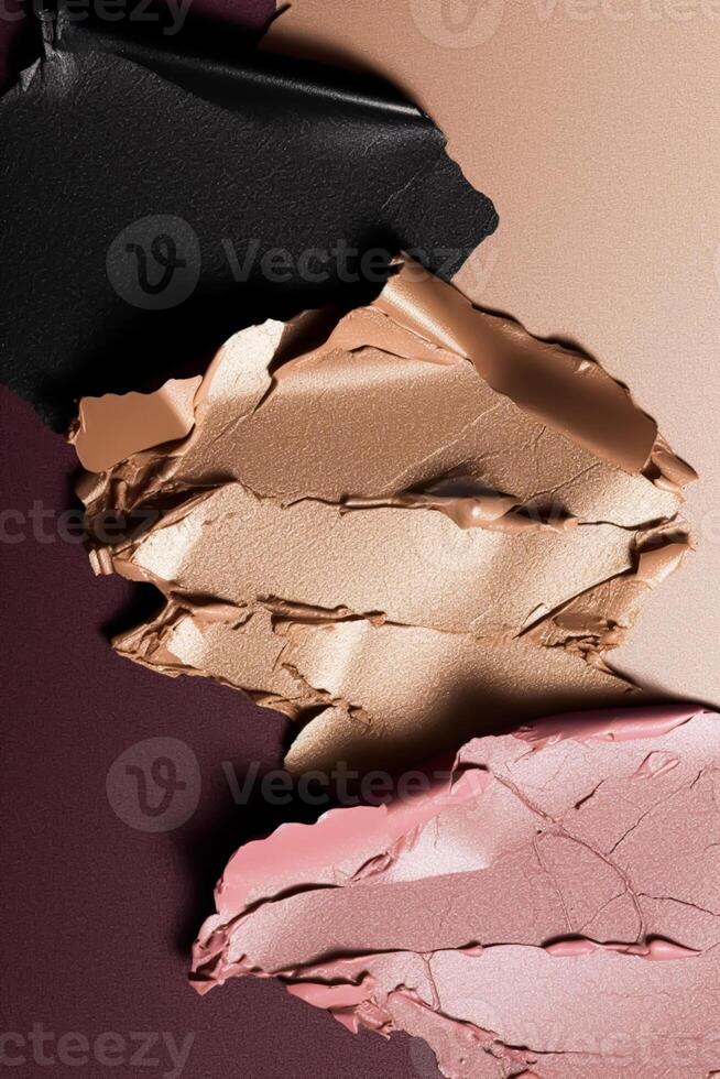 belleza maquillaje producto mancha, frotis o muestra textura como resumen maquillaje productos cosméticos fondo, aplastada cosmético productos, generativo ai foto