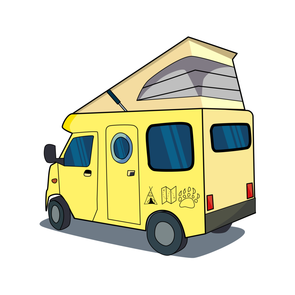 Camping vehicles. Camper van, travel car. Summer holiday campervan, recreational vehicle. png