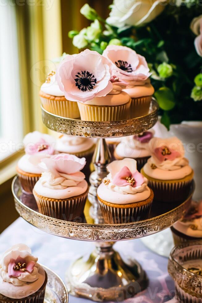 pastelitos, pasteles, bollos y magdalenas y fiesta decoración al aire libre a el Inglés país estilo jardín, dulce postres para boda, cumpleaños o fiesta celebracion, generativo ai foto