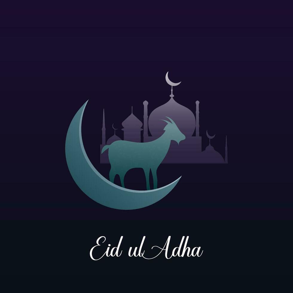 Eid-Ul-Adha Mubarak background with cow, goat silhouette and mosque illustration in crescent moon light. vector