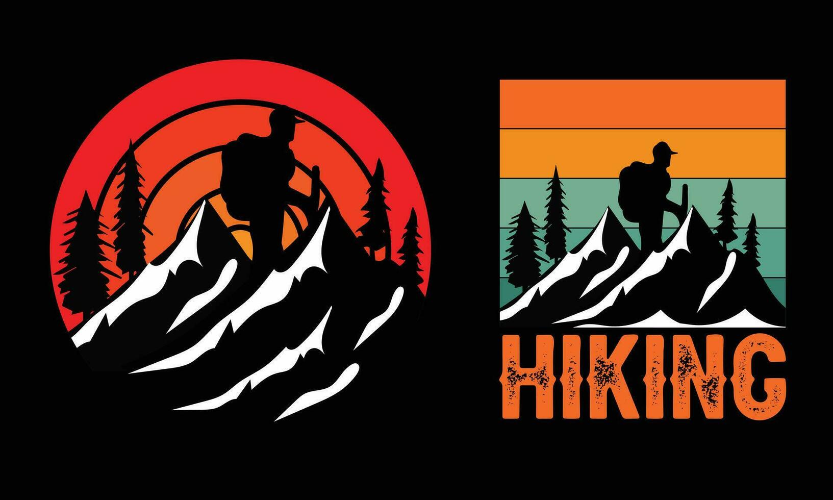 excursionismo camiseta diseño. salvaje, montaña, caminante, y aventuras siluetas vector ilustración