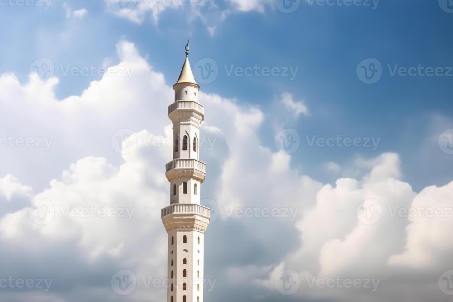 White mosque minaret. Mosque minaret with cloudy sky in background. photo