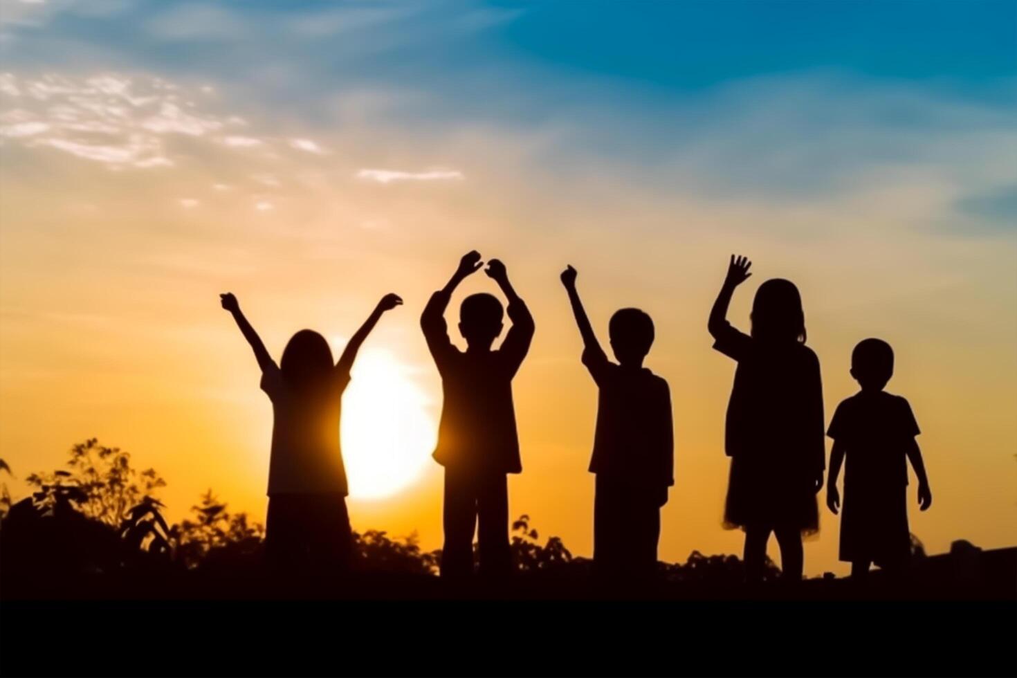 Silhouette back view refugee kids group playing in sunset. Raised hands blessing praying worship. photo