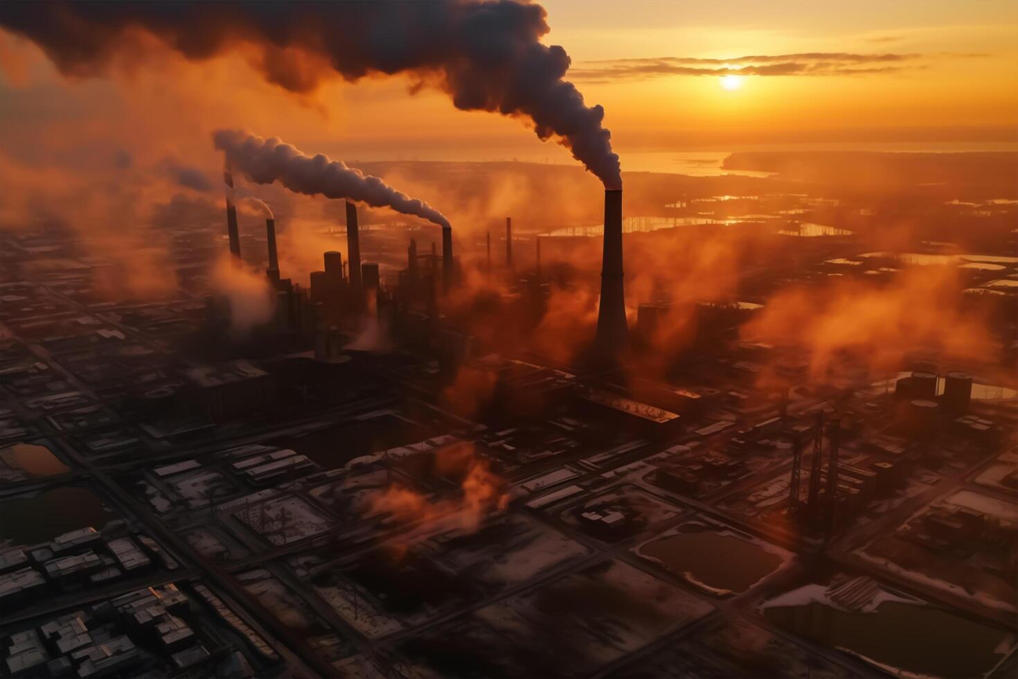 industry metallurgical plant dawn smoke smog emissions bad ecology aerial photography. photo