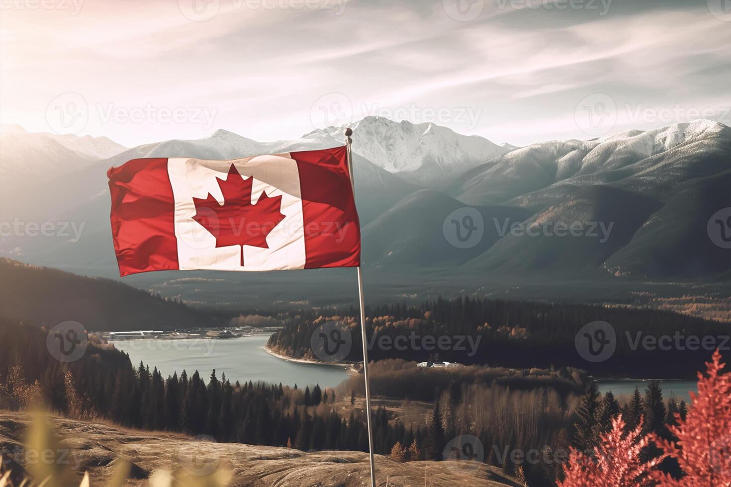 Canada flag on right side and beautiful Canadian landscapes, closeup with copy space. photo