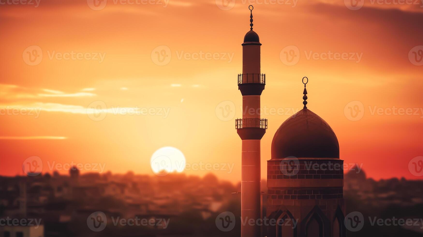 silhouette of muslim mosque minaret5 big sunset view in background. photo