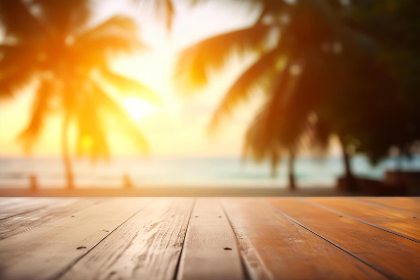 Product presentation in nature. Blur tropical beach with bokeh sun light wave on empty old nature wood table abstract background. photo