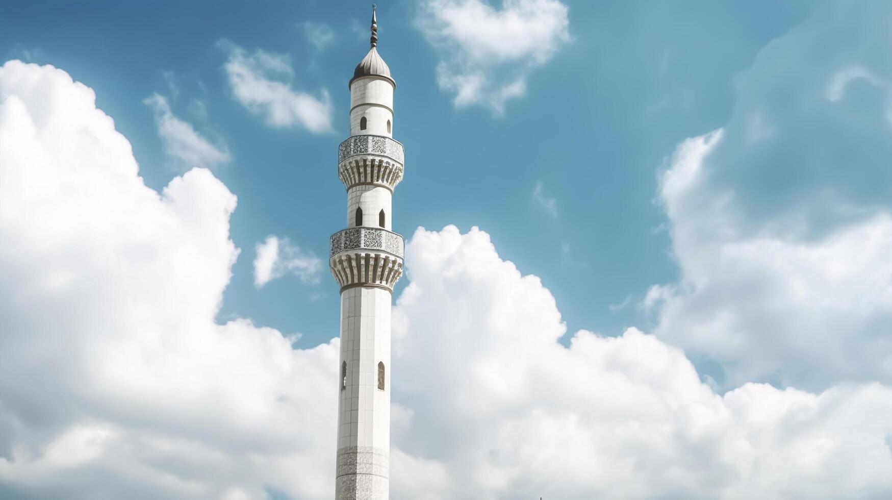 blanco mezquita alminar. mezquita alminar con nublado cielo en antecedentes. generativo ai foto