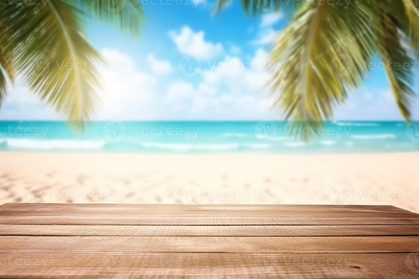 Product presentation in nature. Tropical fine sandy beach with blurred sea sun sky on empty old nature wooden table abstract summer relaxation background. photo