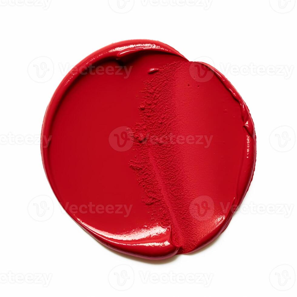 belleza muestra de tela y cosmético textura, circulo redondo rojo lápiz labial muestra aislado en blanco fondo, parafina cera sellando estampilla, generativo ai foto