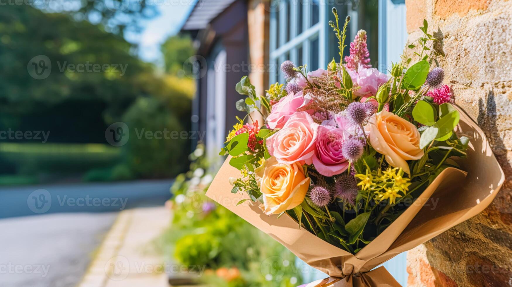 Flower shop delivery and holiday gift postal service, beautiful bouquet of flowers on a house doorstep in the countryside, photo