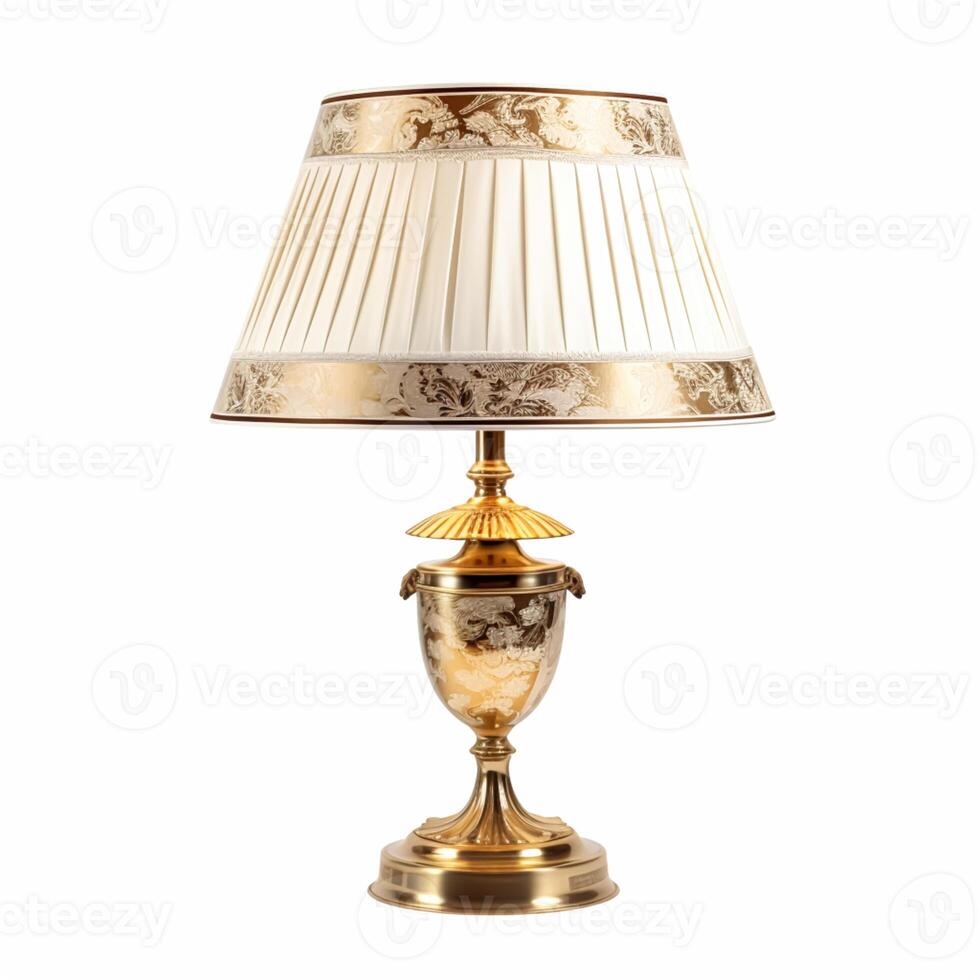 Vintage country style antique table lamp with a beautiful lampshade design isolated on white background, interior design and cottage home decor, post-processed, photo