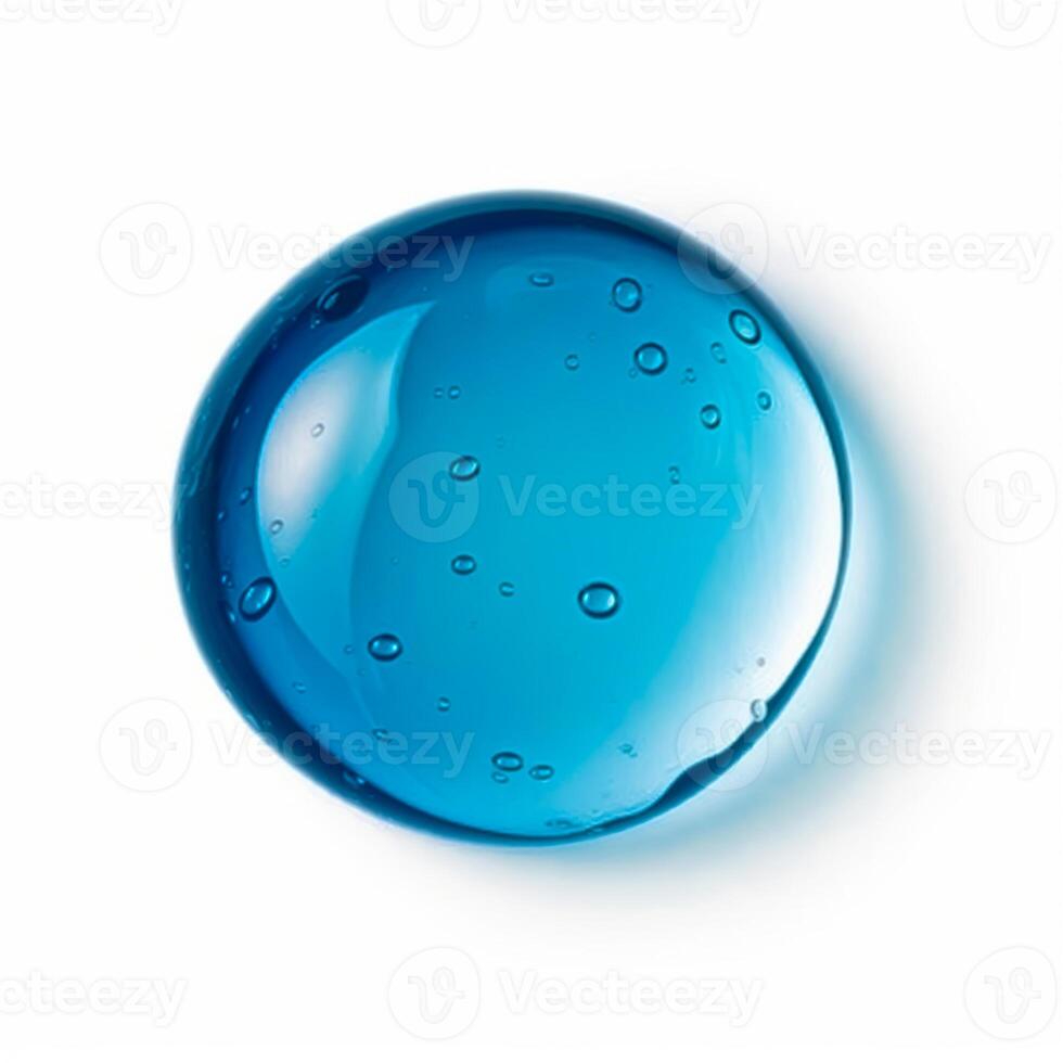 Blue circle drop of water, glycerin or cosmetic gel product sample isolated on white background, photo