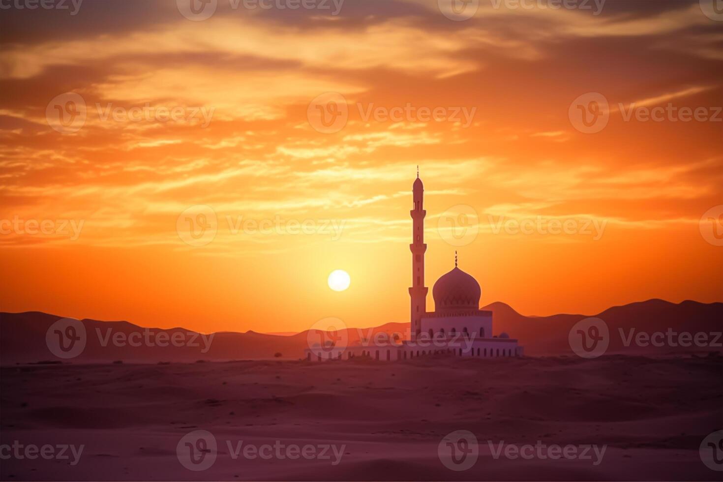 photo sunset over desert with muslim mosque in the foreground, muslim, arabic, islam, ramadan, eid celebrate, muslim holiday.