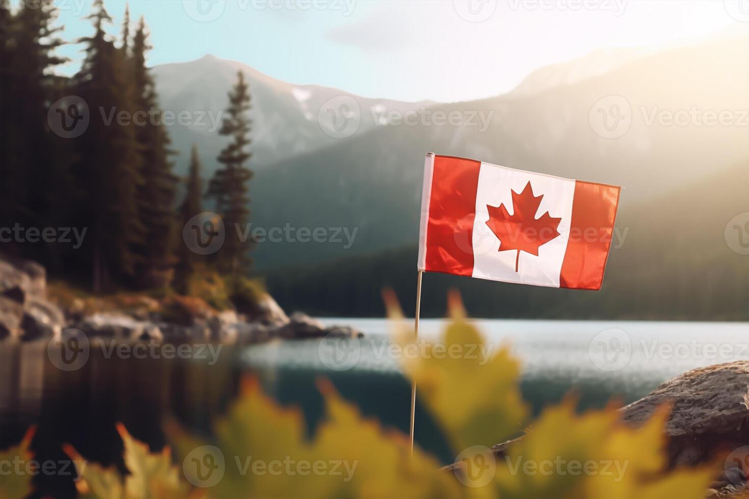 Canada flag on right side and beautiful Canadian landscapes, closeup with copy space. photo