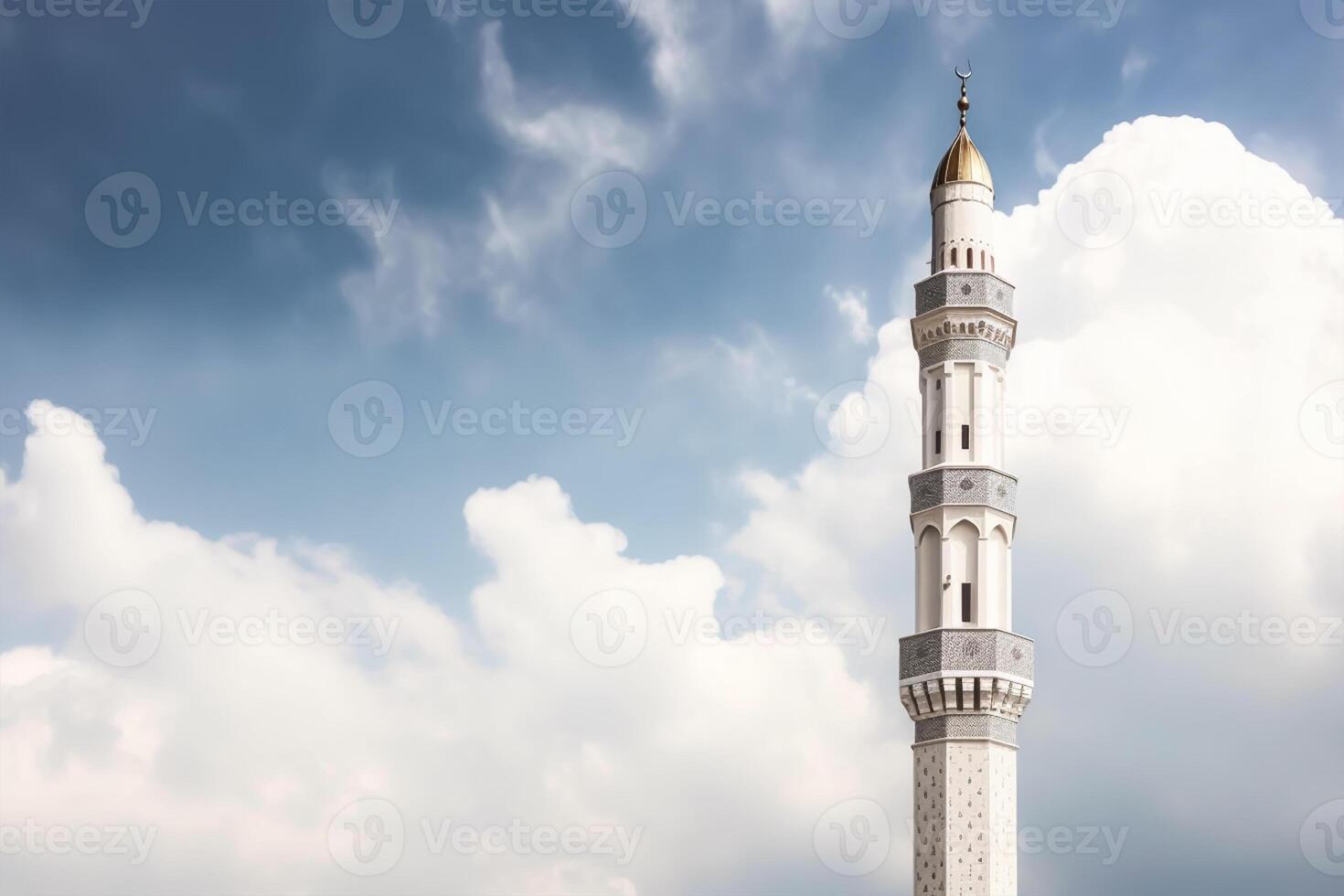 White mosque minaret. Mosque minaret with cloudy sky in background. photo