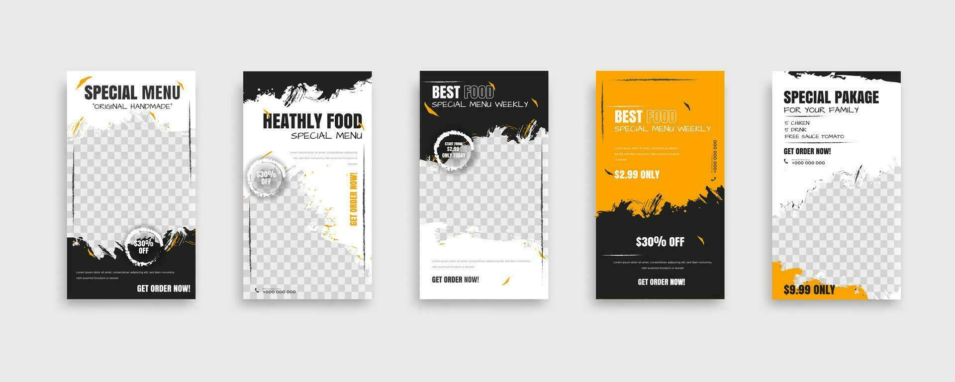 conjunto de diseño de plantilla de banner de redes sociales de publicación de alimentos. diseño creativo, fácil uso para promociones de su producto. Cuento de comida para la promoción de tu restaurante. vector