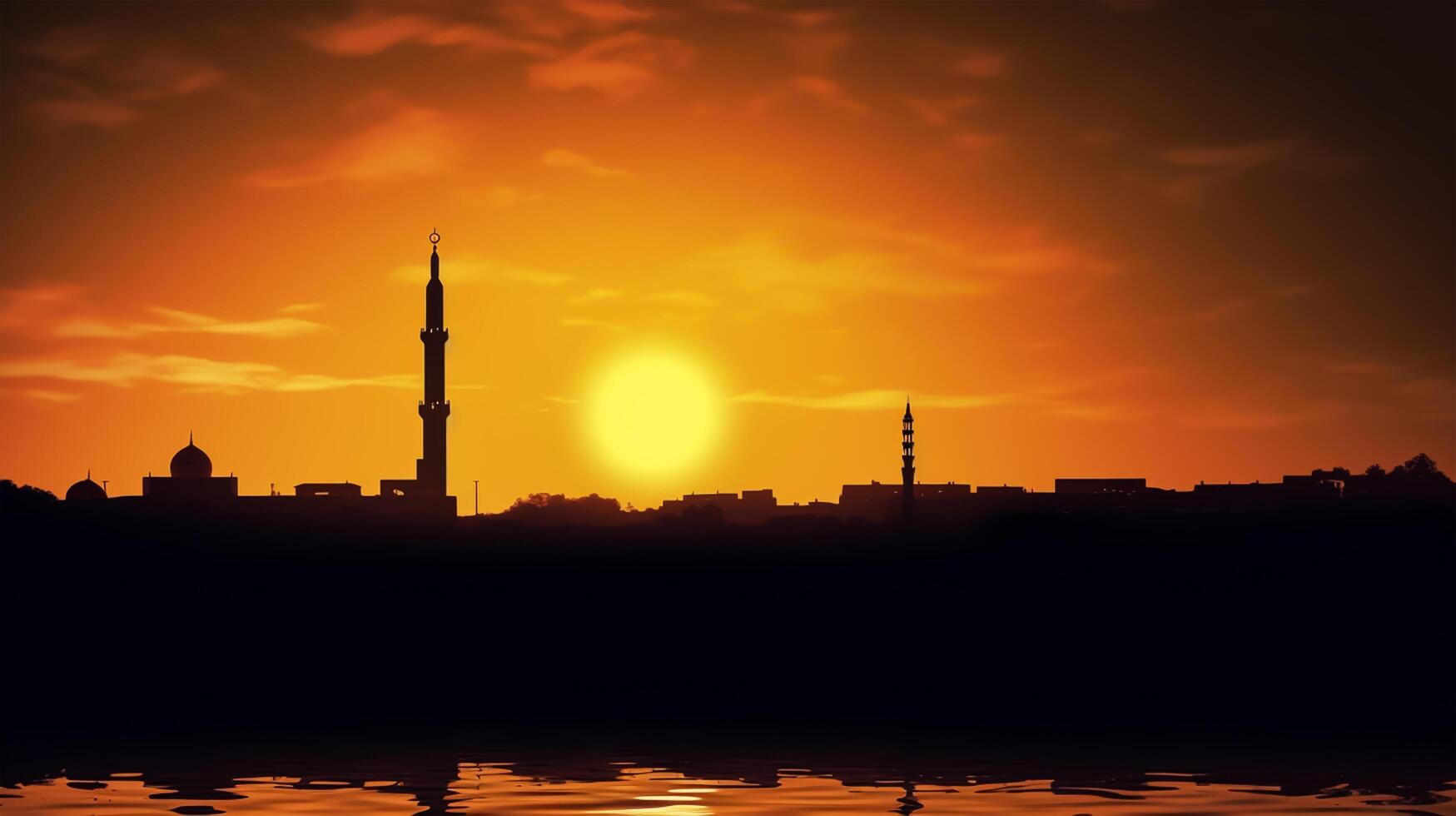 silhouette of muslim mosque minaret5 big sunset view in background. photo