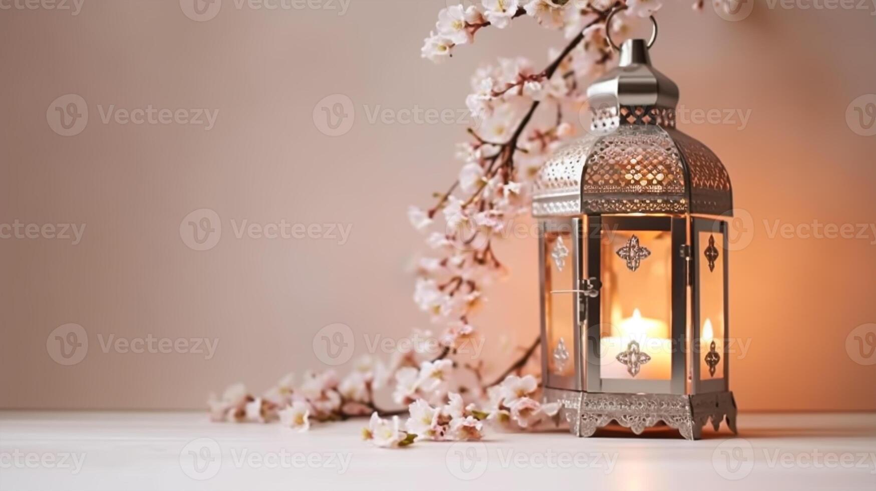 Glowing Moroccan lantern with prunus tree blossoms on table. photo