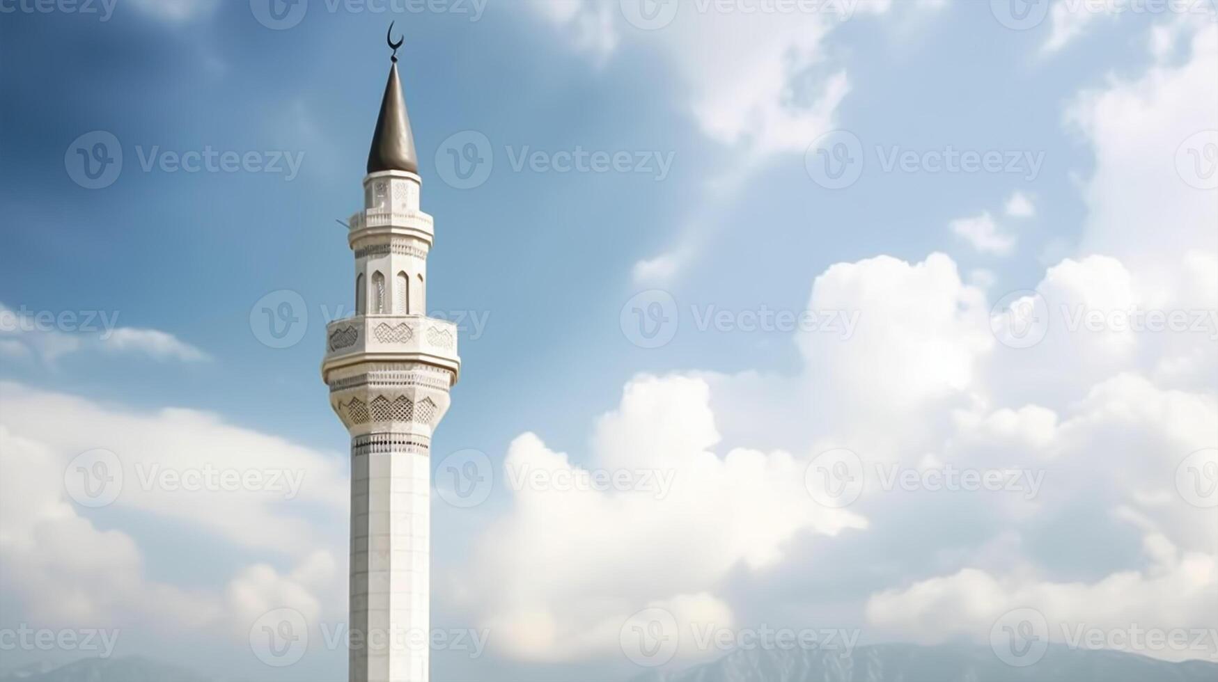 White mosque minaret. Mosque minaret with cloudy sky in background. photo