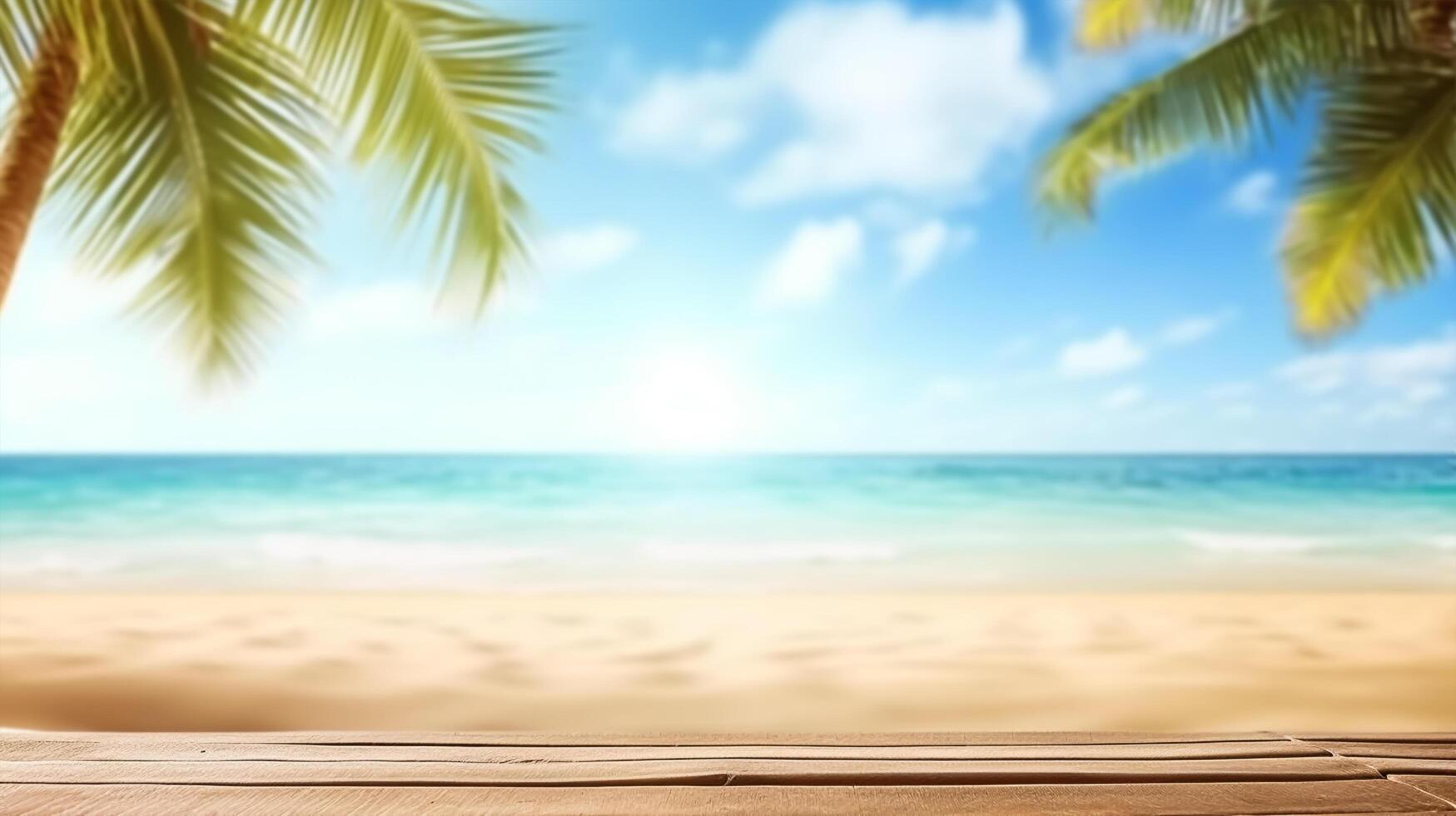 Product presentation in nature. Tropical fine sandy beach with blurred sea sun sky on empty old nature wooden table abstract summer relaxation background. photo