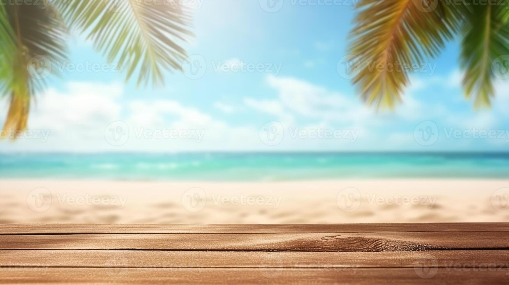 Product presentation in nature. Tropical fine sandy beach with blurred sea sun sky on empty old nature wooden table abstract summer relaxation background. photo