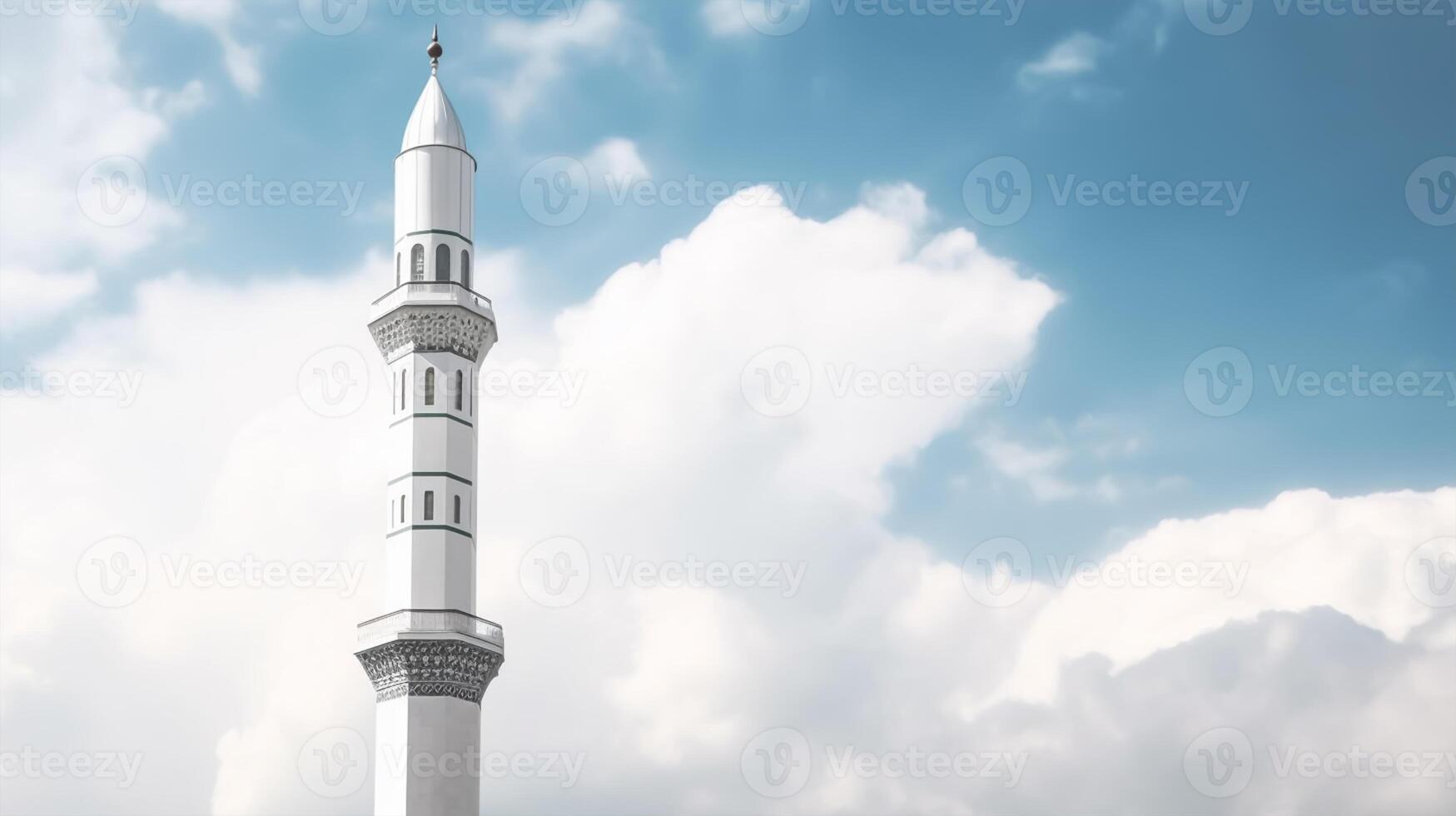 White mosque minaret. Mosque minaret with cloudy sky in background. photo