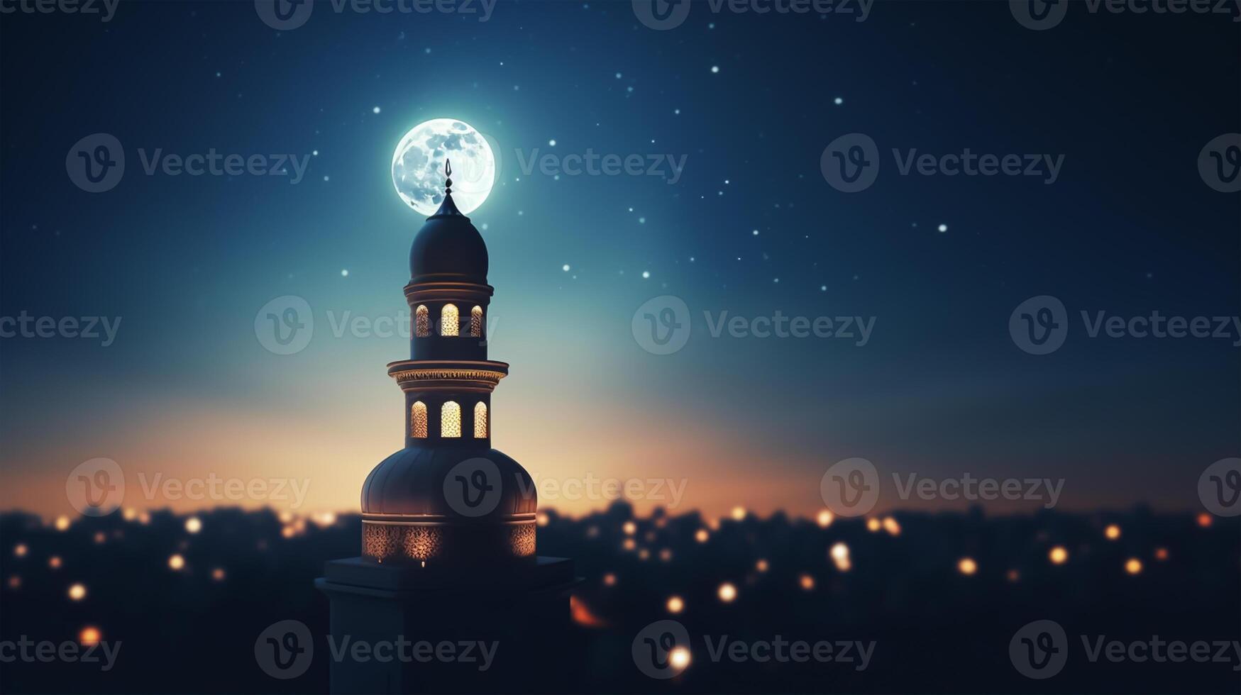 Closeup mosque minaret at the night with landscape, full moon in the background, closeup with copy space. photo