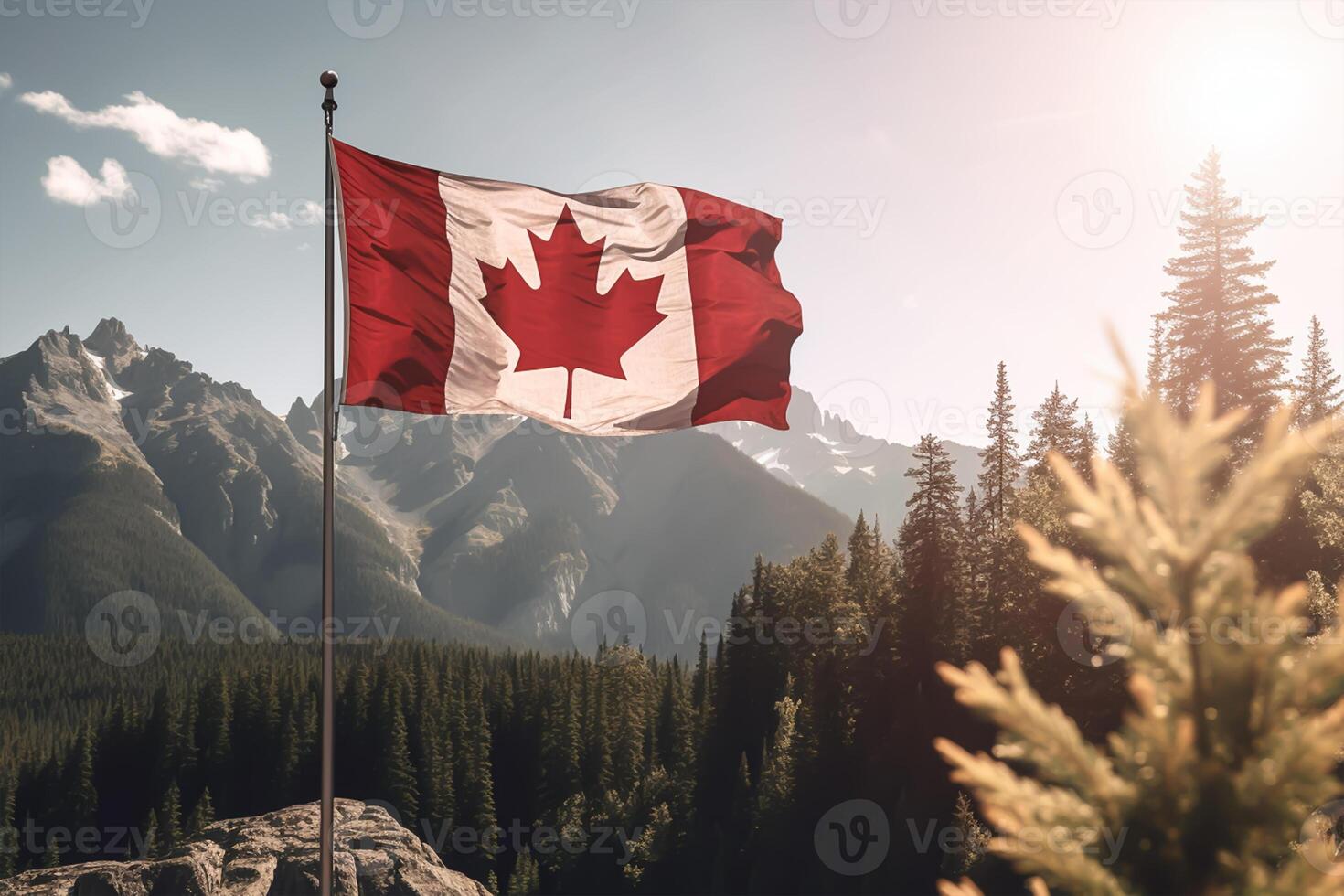 Canada flag on right side and beautiful Canadian landscapes, closeup with copy space. photo
