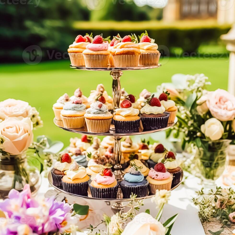 Cupcakes, cakes, scones and muffins and holiday decoration outdoors at the English country style garden, sweet desserts for wedding, birthday or party celebration, photo