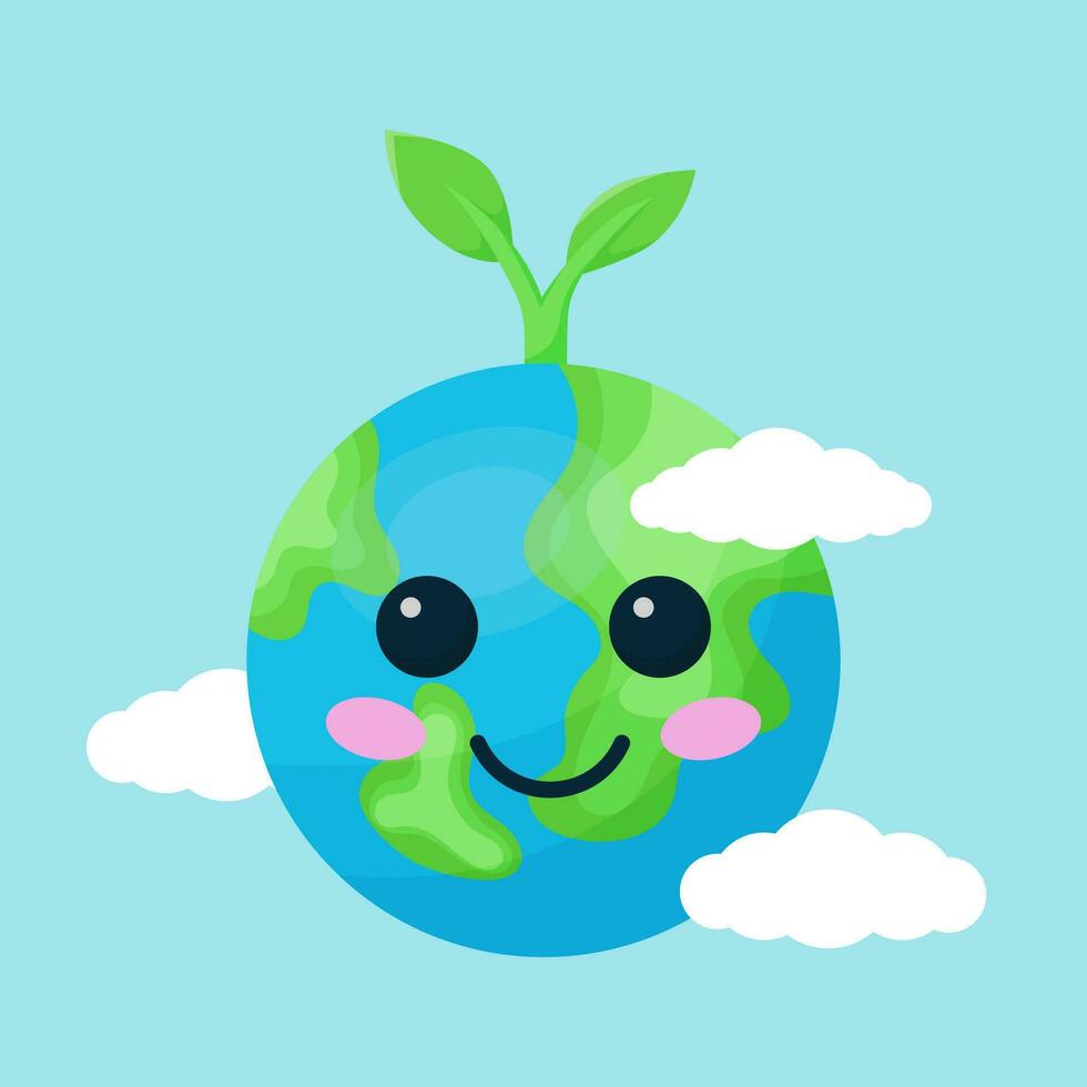 vector illustration of cute cartoon earth character with plant .suitable for earth day and go green day content