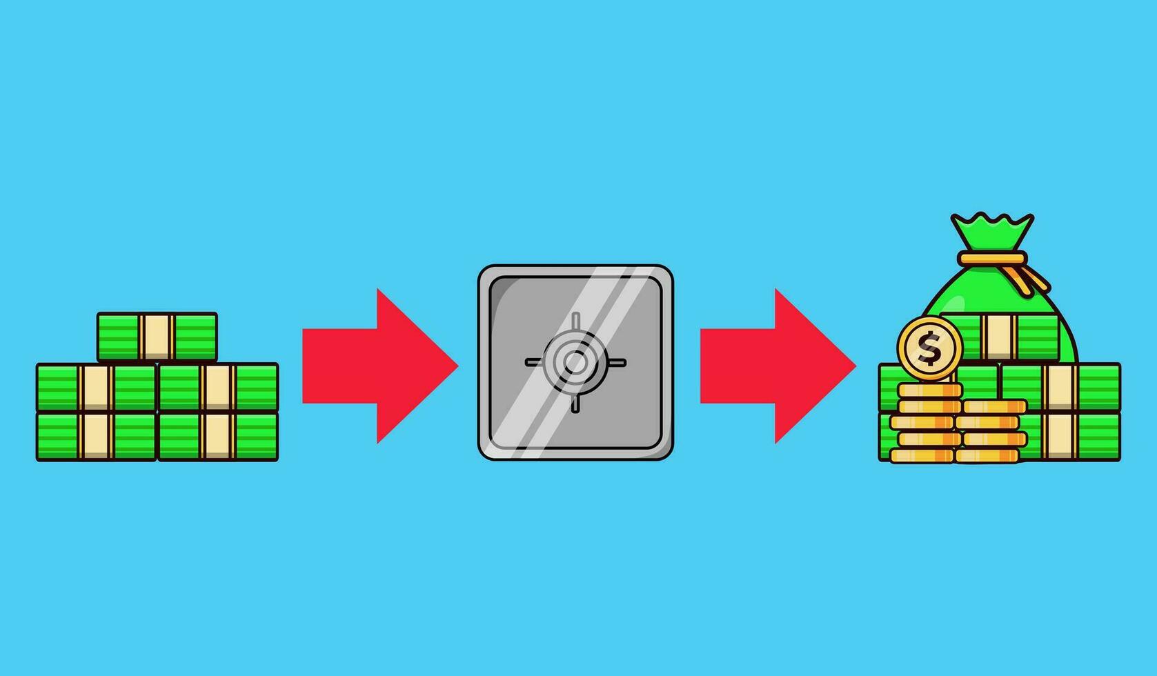 vector illustration of investment stages with money, bank safe and red arrow direction