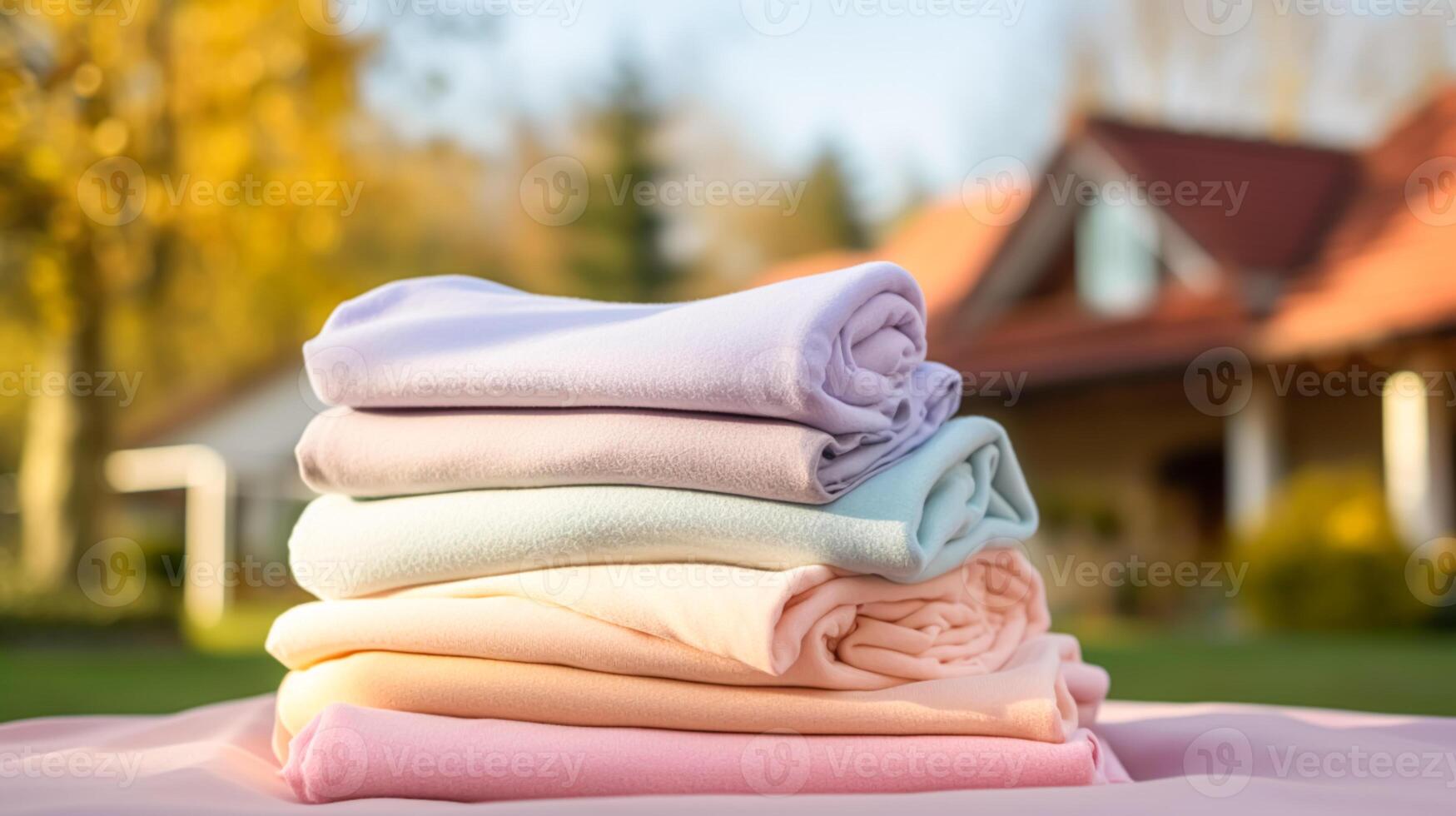 Laundry, housekeeping and homemaking, stack of clean and folded clothes in country house garden, photo
