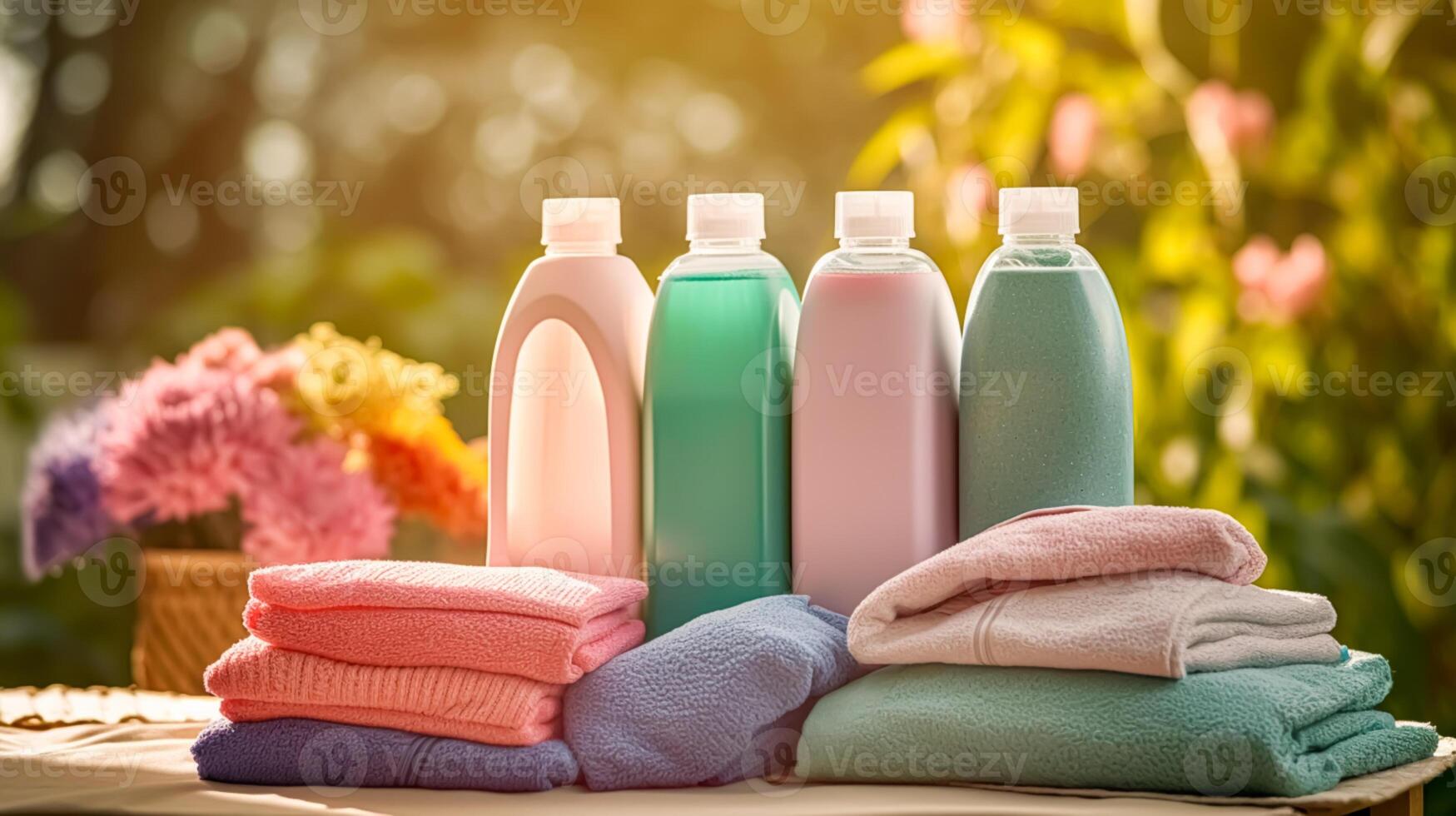 Laundry, housekeeping and homemaking, clean folded clothes and detergent conditioner bottles in the garden, country cottage style, photo