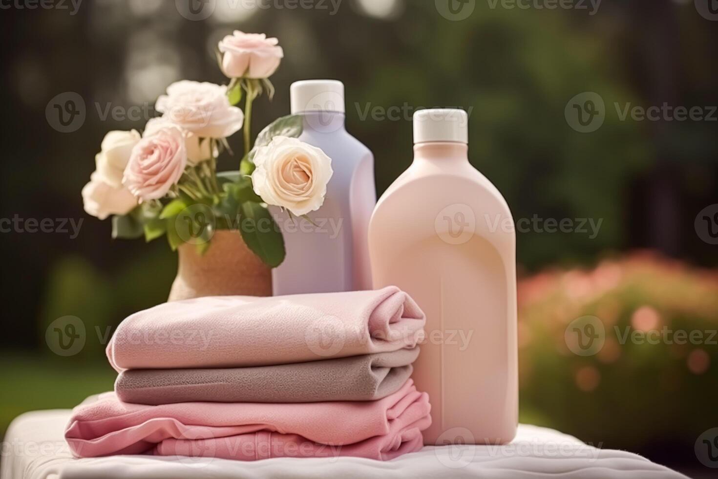 Laundry, housekeeping and homemaking, clean folded clothes and detergent conditioner bottles in the garden, country cottage style, photo