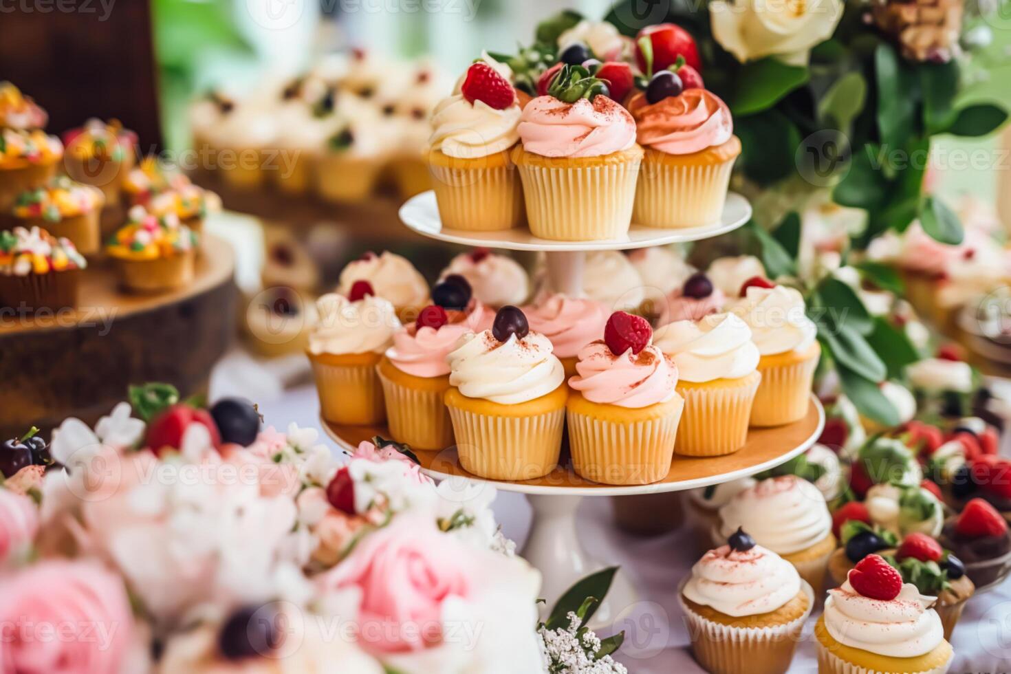 Cupcakes, cakes, scones and muffins and holiday decoration outdoors at the English country style garden, sweet desserts for wedding, birthday or party celebration, photo