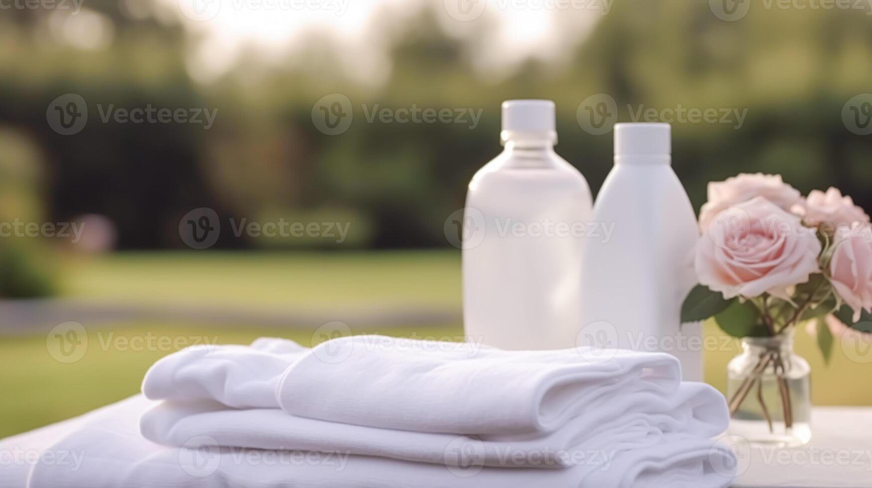 Laundry, housekeeping and homemaking, white clean folded clothes and detergent conditioner bottles in the garden, country cottage style, photo