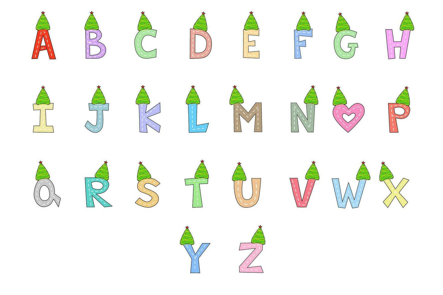 Vector - Cute English Alphabet ABC..XYZ with hat Christmas green tree. Xmas, New Year season. Can be use decorate any card, web, poster, banner.