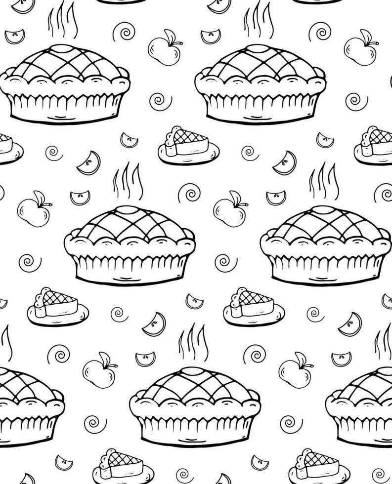 Seamless pattern Pie Apple and apple slice. Doodle style pattern repetition. Vector Illustration.