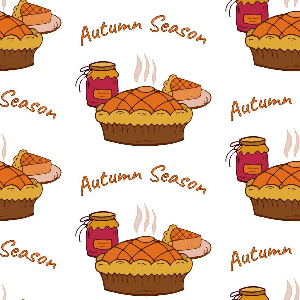 Seamless pattern Pie, slice and jam. Doodle style pattern repetition. Vector endless Autumn season.