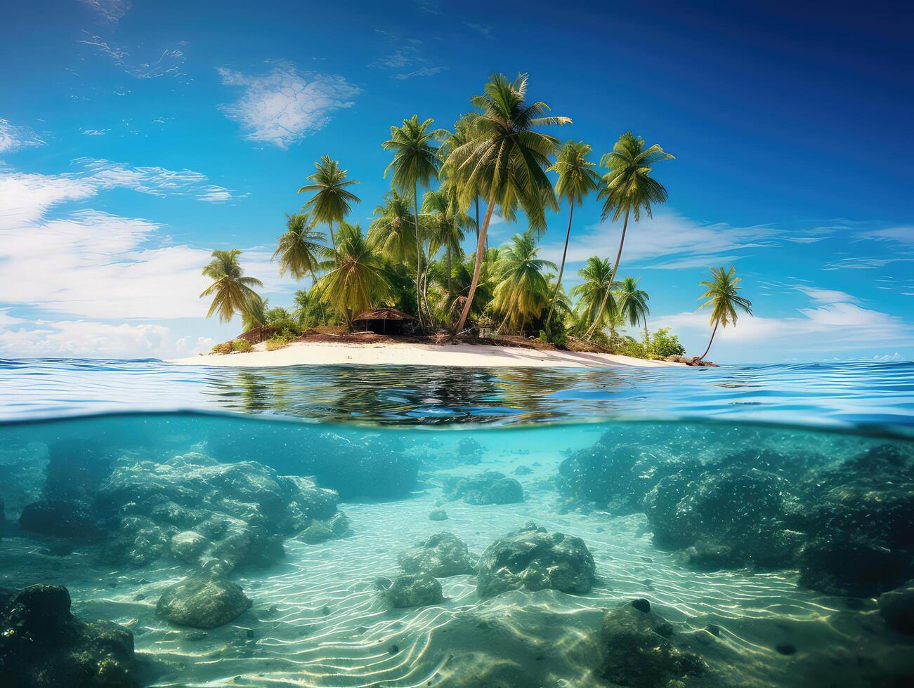 Tropical landscape with palm tree island with underwater scene showing photo