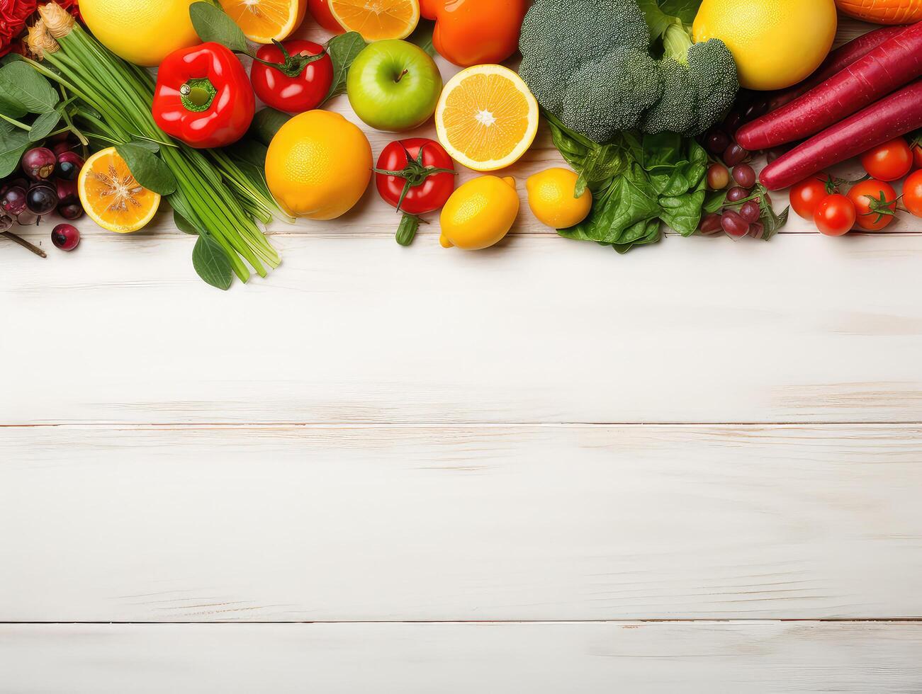 Selection of fresh fruit and vegetables on a white wooden table - top view photo