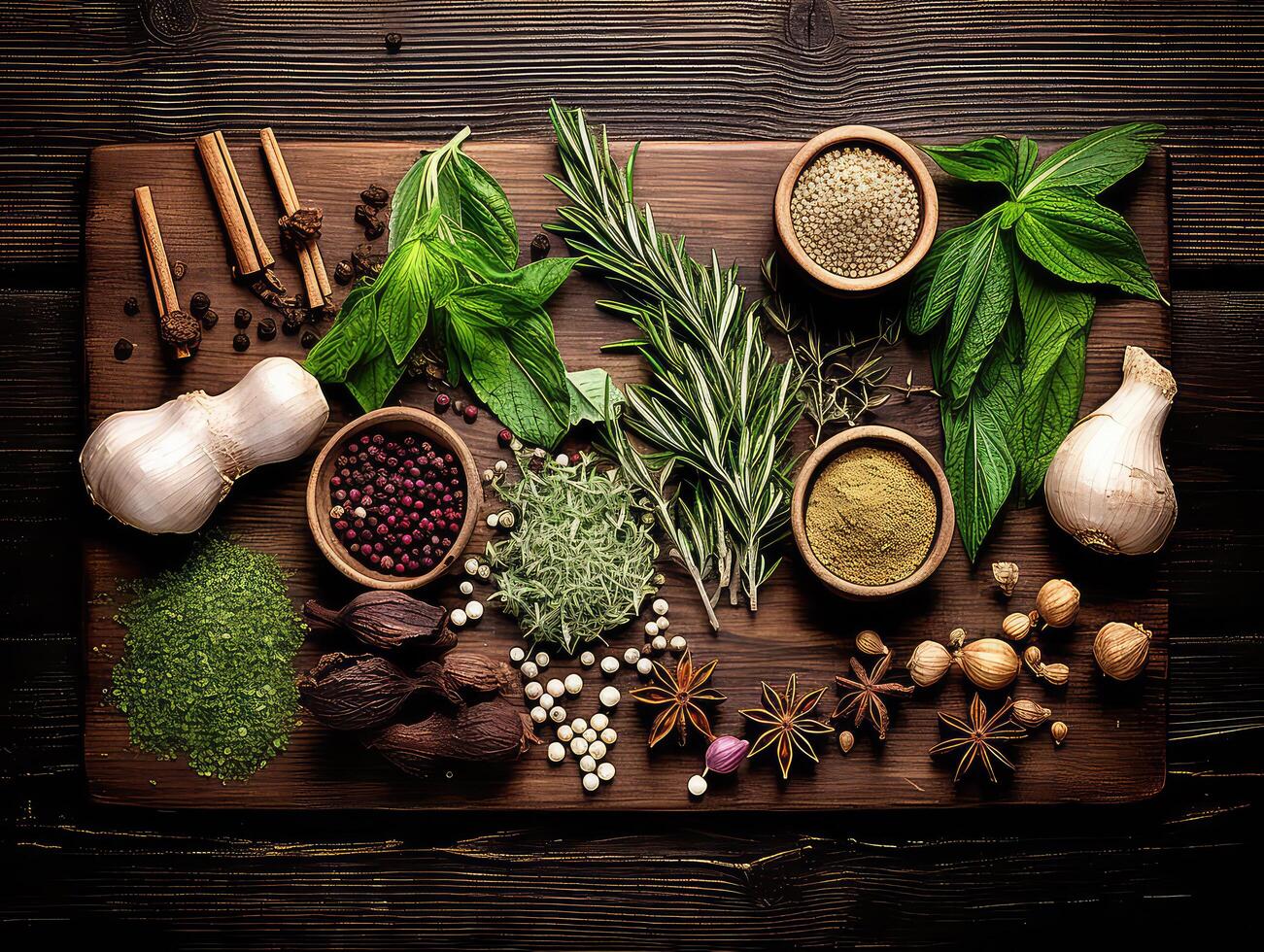 Selection of fresh spices and herbs on a dark wooden table - top view photo